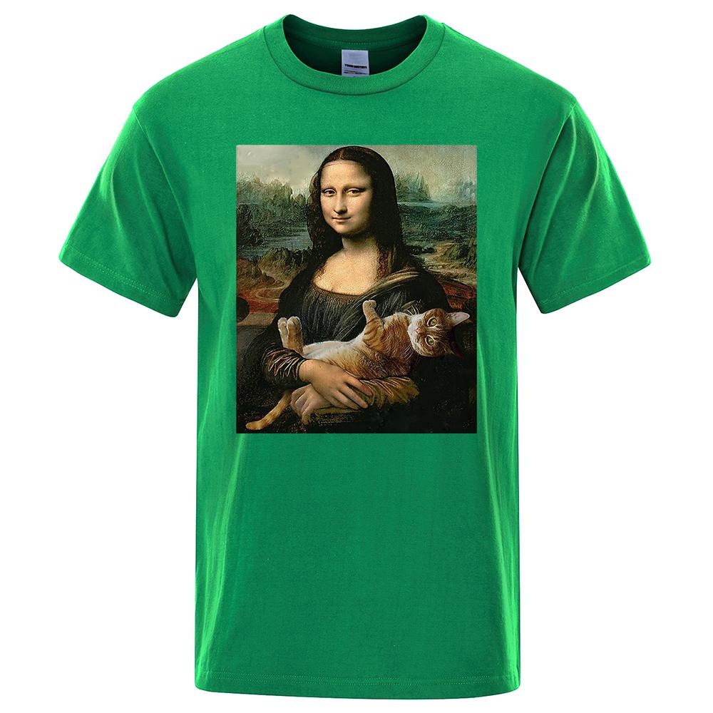 Смешная футболка с принтом Моны Лизы и кошки для мужчин, летняя хлопковая футболка, свободная дышащая одежда, короткая