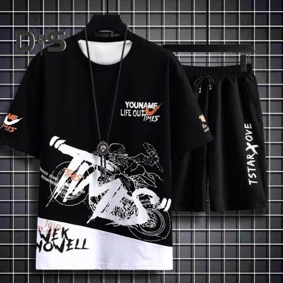 Мужской комплект летней спортивной одежды из 2 шт./компл., футболка с коротким рукавом и эластичным шнурком на талии, широкие шорты, комплект, повседневная одежда с буквенным принтом