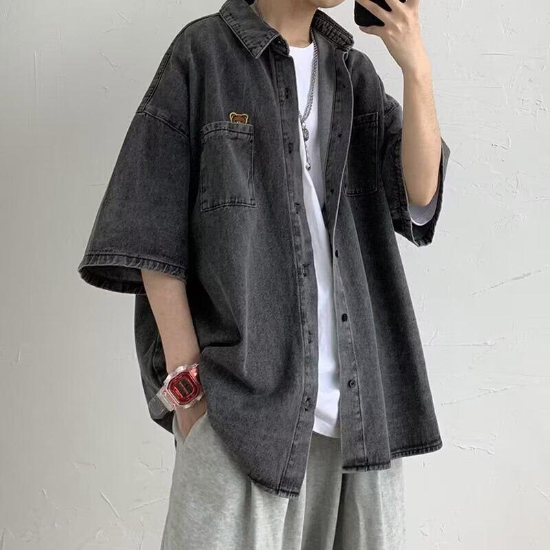 Мужская летняя рабочая джинсовая рубашка с коротким рукавом - модный японский гонконгский стиль