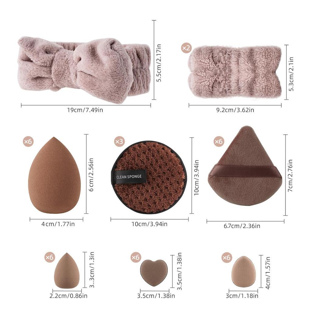 Набор из 20 инструментов для макияжа, в который входят повязка на голову, напульсники, пуховка для снятия макияжа, спонж для макияжа