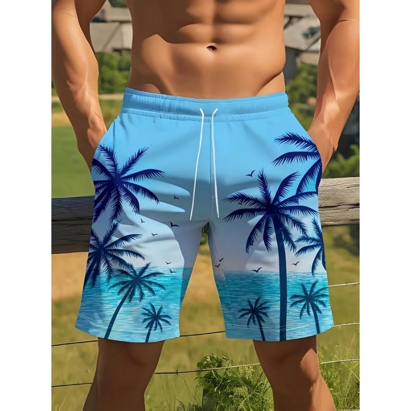 Men's beach shorts, 3D printed with beach palm tree pattern
