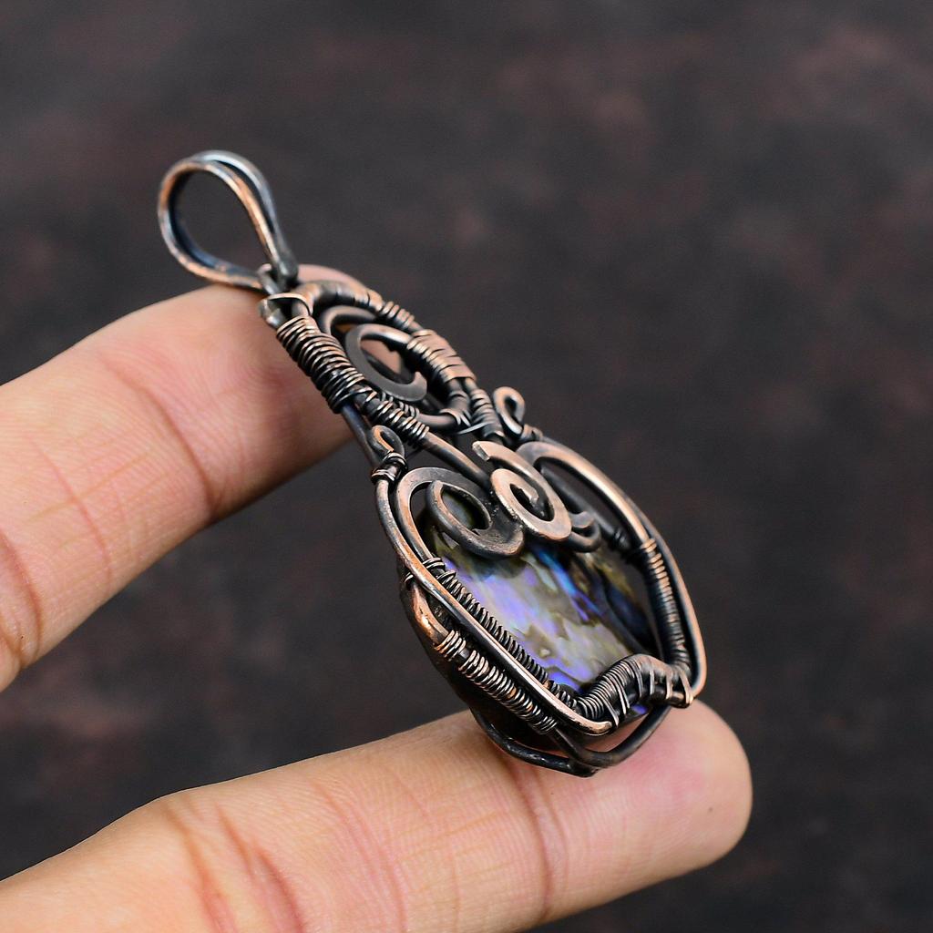 Подвеска из ракушки ушка, медная проволочная обертка, драгоценный камень из ракушки ушка, подвеска ручной работы, медные украшения, уникальный кулон, подарок для него