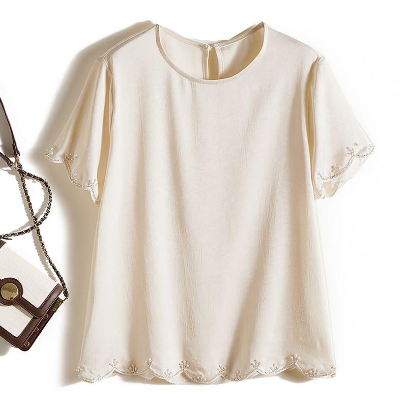 The Boutique Export Order Is Missing! Elegance Women's Beaded Gear Edge Round Neck Short Sleeve Satin Acetate Tencel T-shirt Summer
