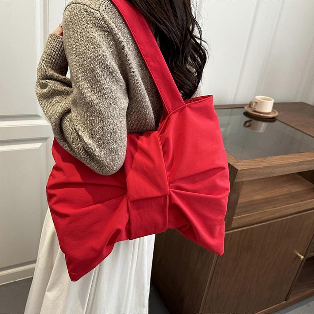 Practical Everyday Oversized Bows Accent Nylon Shoulder Bag Large Capacity Wear Resistant Lightweight for Comfort White