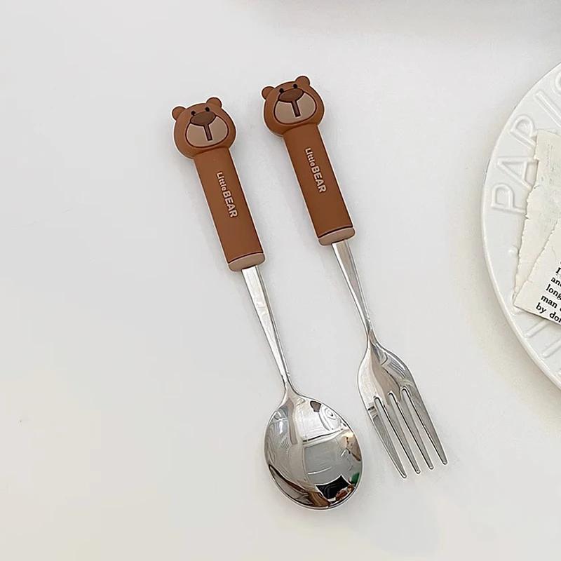 Милый мультяшный набор ложек и вилок для девочек, детская посуда, набор столовых приборов из нержавеющей стали 304 с силиконовой ручкой, детская посуда