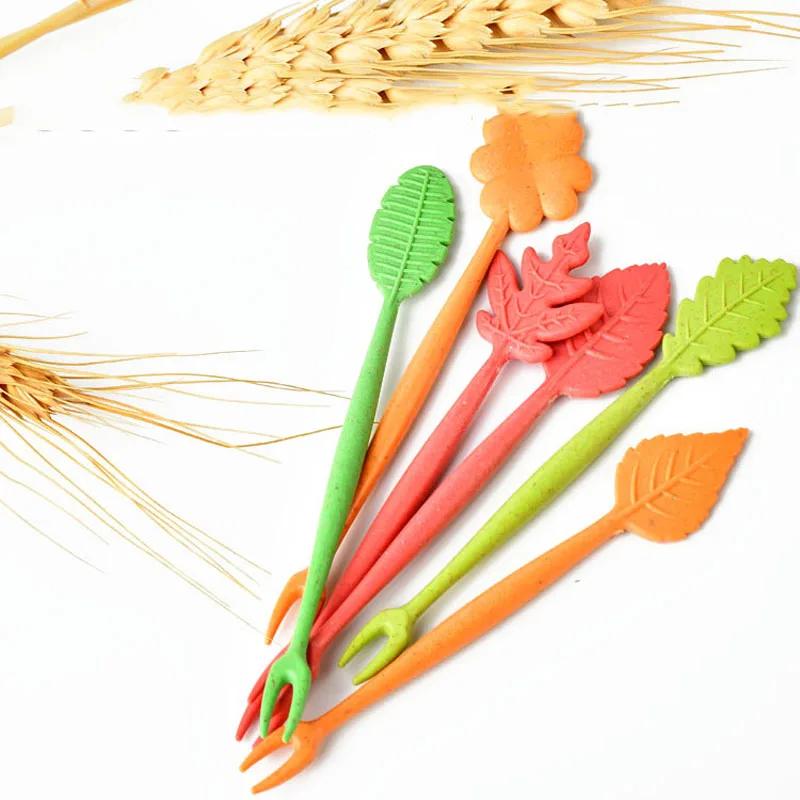 Набор биоразлагаемых вилок для фруктов, 16 шт., из пшеничной соломы, в форме листьев, десертные вилки, для салата, овощей, для барбекю, вечеринки, коктейльные вилки, шпажки, декор стола