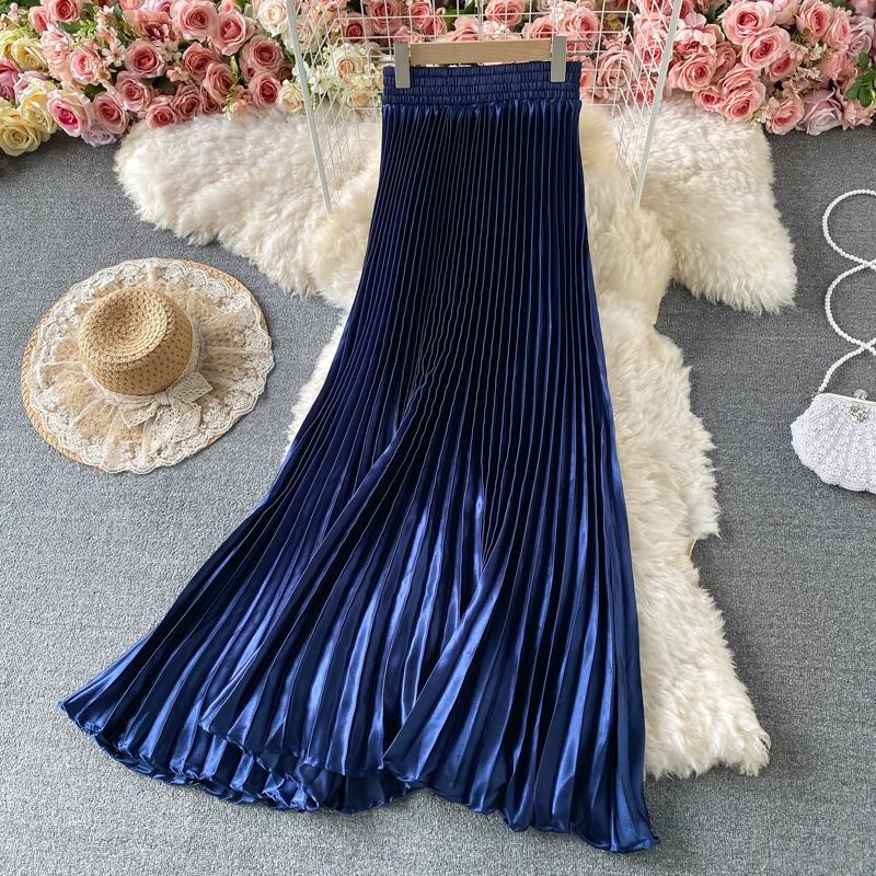 Лето Осень Женская Элегантная Атласная Высокая Талия Длинная Макси Плиссированная Юбка