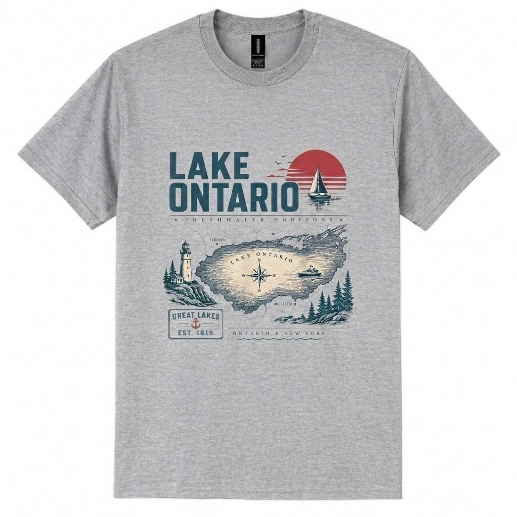 LAKE ONTARIO MAP T Shirt Vintage Graphic Great Lakes Sunset Souvenir Tee