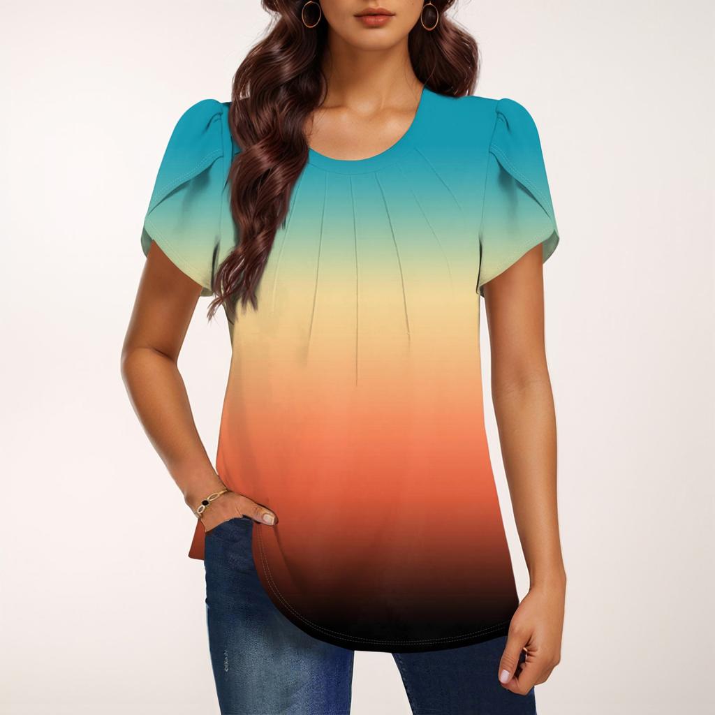 Женская модная футболка с круглым вырезом и коротким рукавом с градиентным принтом, повседневная базовая плиссированная футболка-пуловер