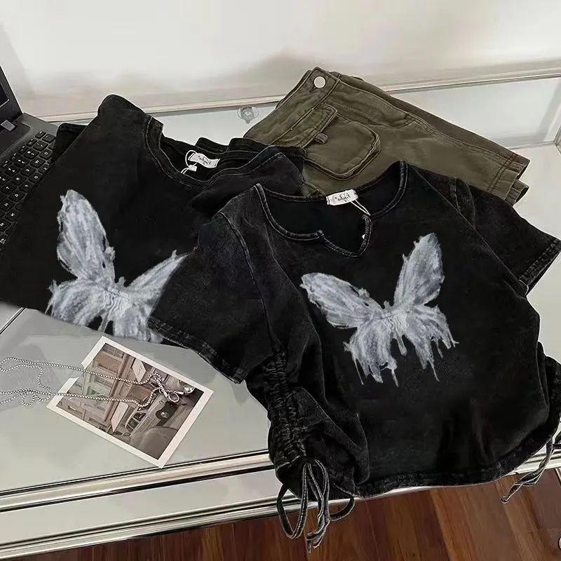 Женская стираная и потертая футболка в стиле ретро с короткими рукавами, летняя короткая женская футболка Sweet and Spicy для девочек с открытым пупком на шнуровке для пары