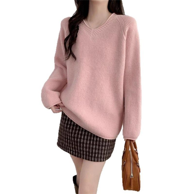 Autumn and Winter New V-neck Knitted Sweater Top Women's Soft Waxy Solid Color Versatile Good-looking and Thin Pullover Sweater