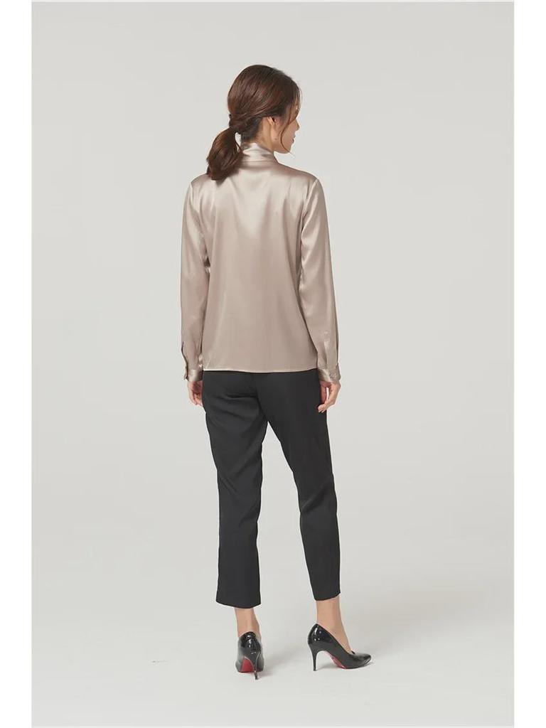 Women's Early Spring Mulberry Silk Satin Blouse with Bow - Long Sleeve