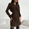 Classic Brown Tailored Fit Double-Breasted Blazer Collar Straight Cut Mini Dress Office Chic Casual Wear