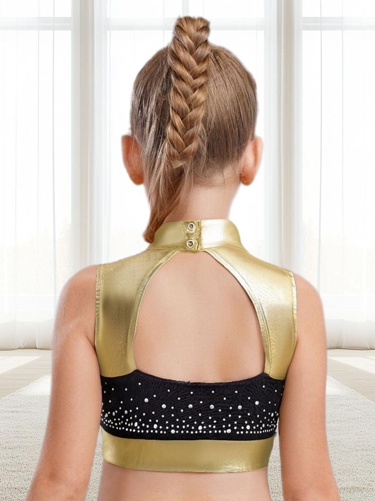 Детская танцевальная одежда Кроп-топ с воротником-стойкой Без рукавов Вырез на спине Блестящие стразы Металлик