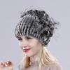 Winter Women Good Elasticity Real Rex Rabbit Fur Hats with Silver Fox Fur Lady Outdoor Warm Knitted Genuine Rex Rabbit Fur Cap