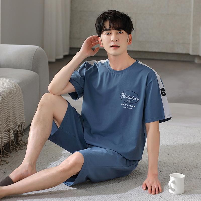 Letter Cotton Homewear for Men Summer Nightwear Shorts Short Sleeping Top Home Clothing Young Boy O Neck Pjs Loungewear Dropship