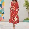 Women Plus Size Red Floral Printed V Neck Long Sleeve A Line Midi Dress With Pockets