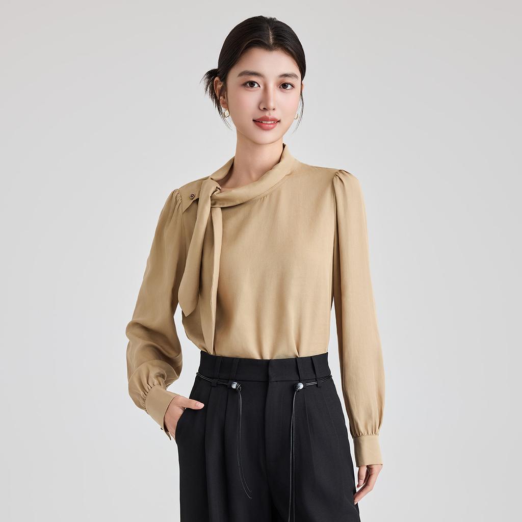 100% Lyocell shirt temperament, ribbon long sleeved women's 2025 spring shirt, high-end small shirt top