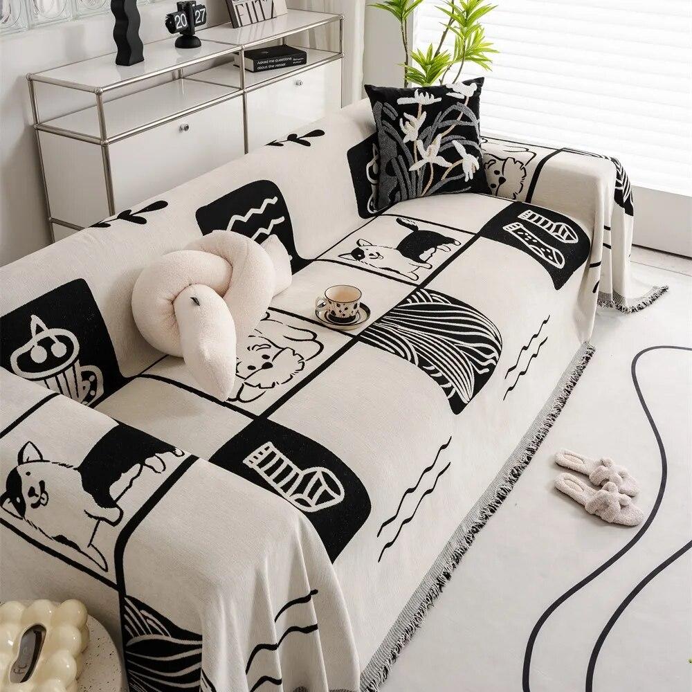 Panda Dog Nature Flowers Print Soft Sofa Towel Blankets Camping Picnic Anti-Cat Towel White Cotton Scratch Protection Sofa Mat