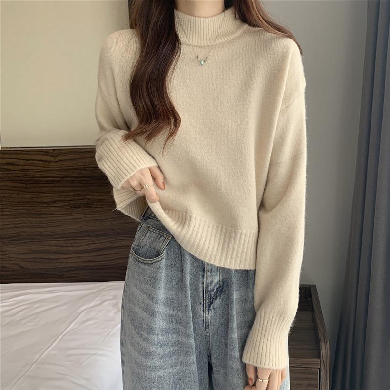 2023 Autumn/Winter Women's Korean Style Solid Color Half High Neck Short Knit Sweater - Stylish Base Layer