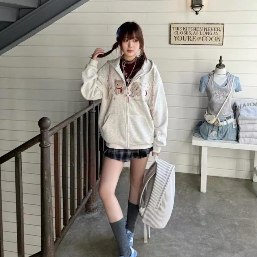 Cute Zip Up Hoodies Long Sleeve Tops Cartoon Dog Flocking Embroidery Jacket Women Kawaii Puppy Graphic Coat Fall Outerwear