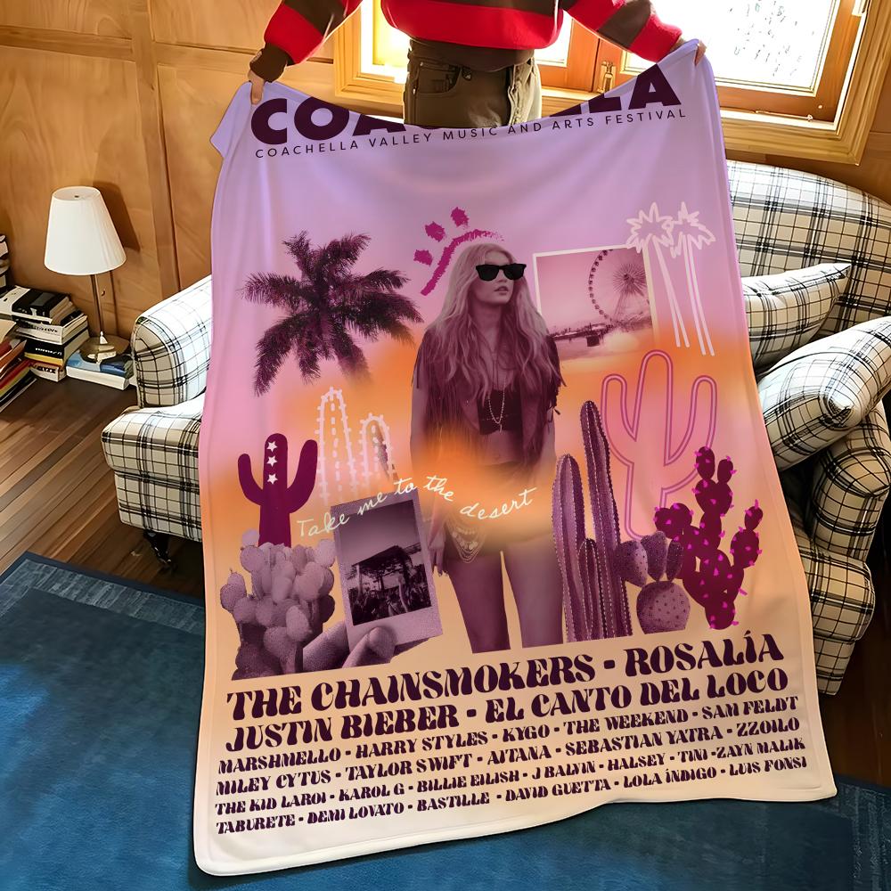 Фестивальная Фланелевая Плед-Покрывало C-Coachella Подходит для Диванов, Кроватей, Офисов, Путешествий, Туристических Стульев