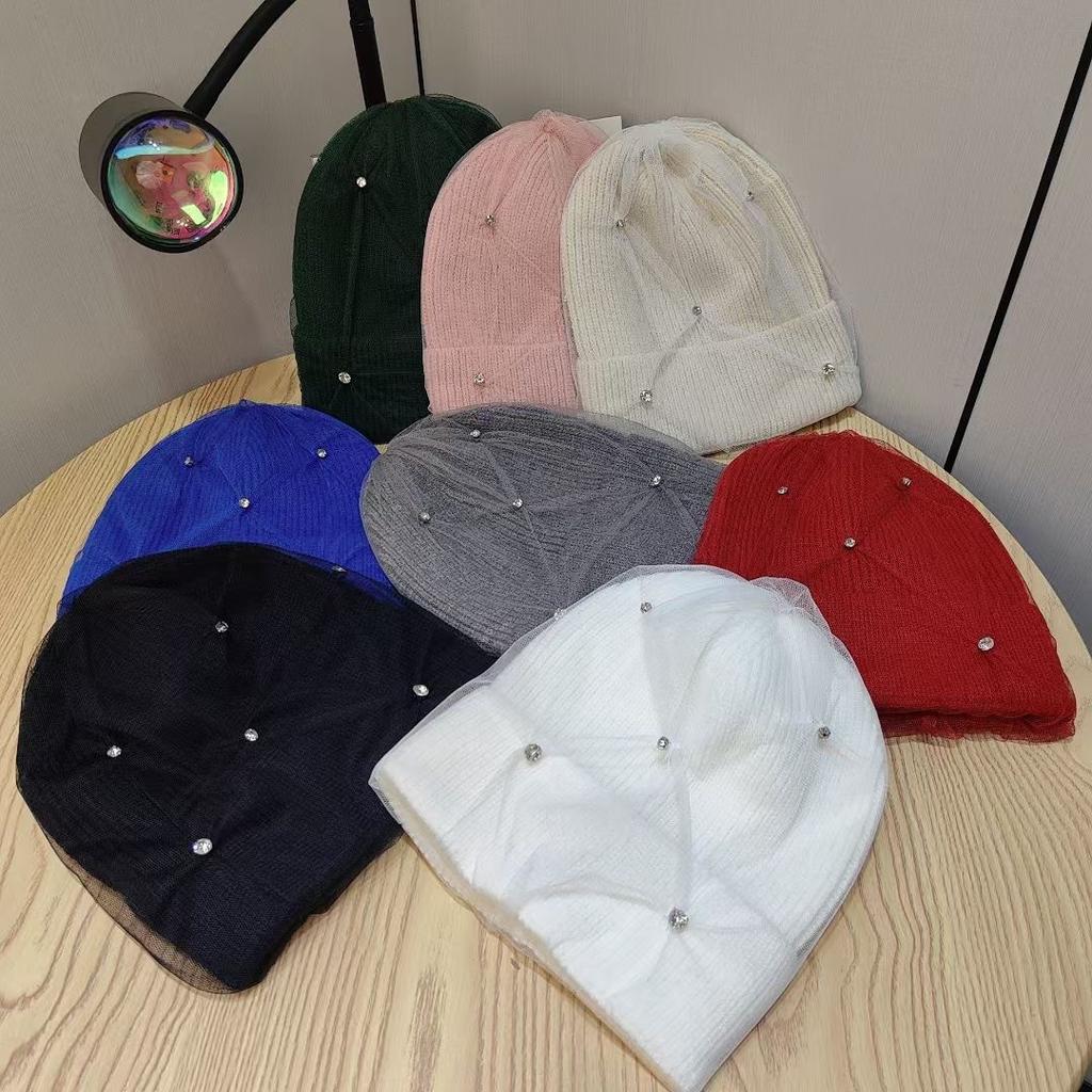 Новая Модная Сетчатая Теплая Шерстяная Шапка со Стразами для Женщин на Осень и Зиму, Утепленная Защита Ушей, Шапка от Холода для Головы, Корейская Версия, Вязаная Шапка Тренд