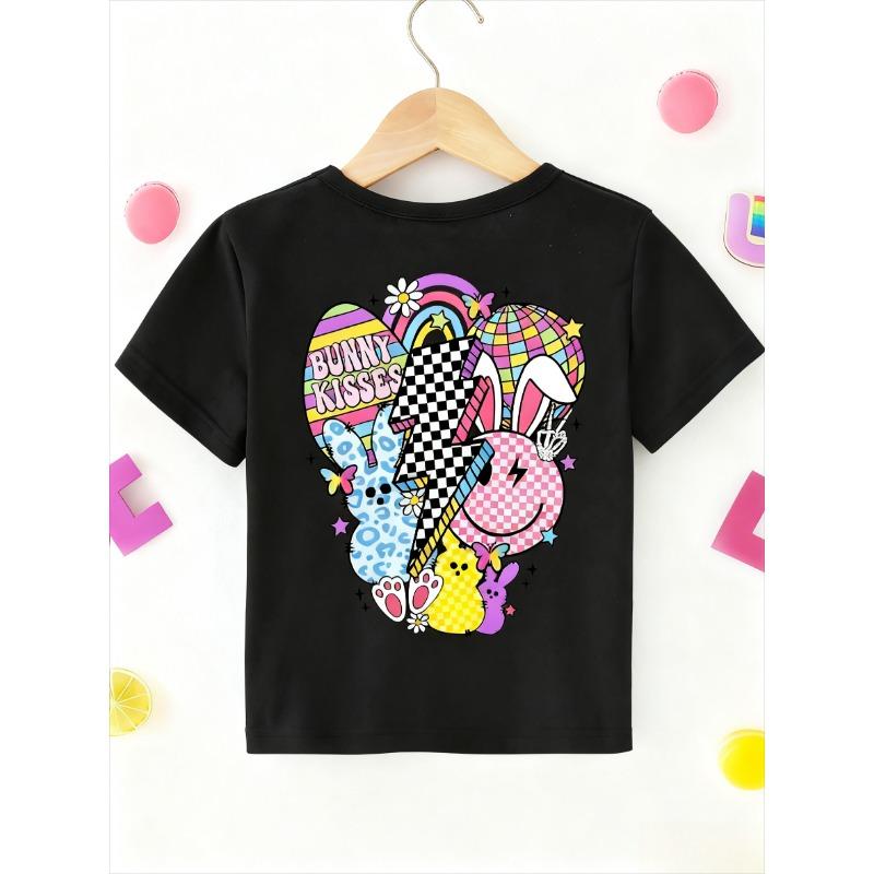 Front and back double prints, Easter, girls, rainbow and cartoon leopard print rabbit prints casual round neck versatile T-shirt