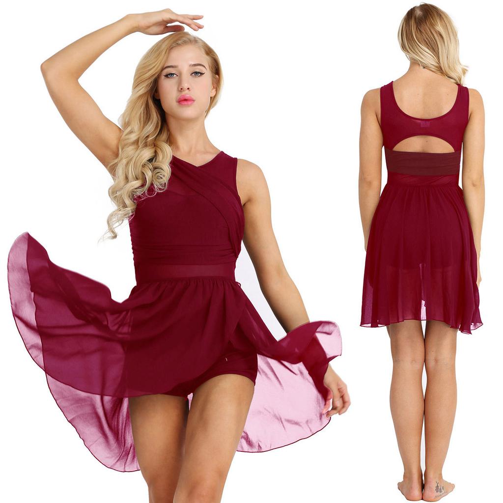 Женское платье-купальник без рукавов с вырезом, асимметричное, из шифона, эластичное, для балета, гимнастики, соревнований по танцам