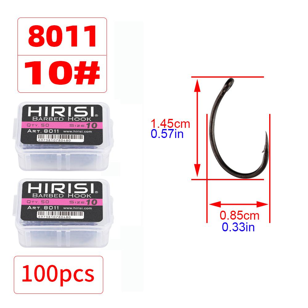 Hirisi 50/100 шт. Крючки для карповой ловли с покрытием PTFE Стальные крючки с бородкой В коробке 8011 Рыболовные аксессуары