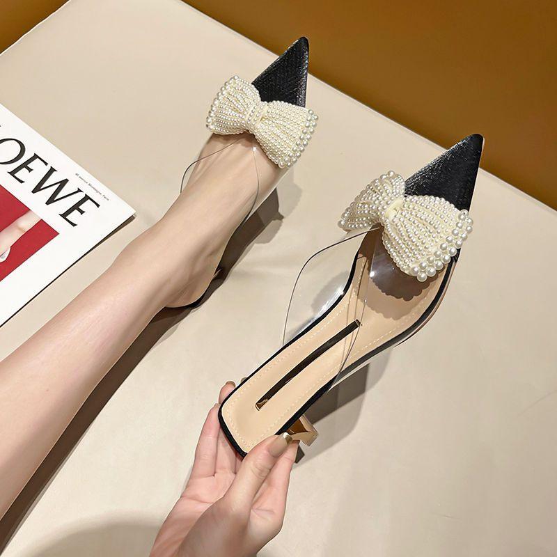 Женская обувь на каблуке Женские мюли Тапочки Жемчужный острый носок Сандалии с бантом Обувь Высокое качество Нескользящие шлепанцы 39 Слайды