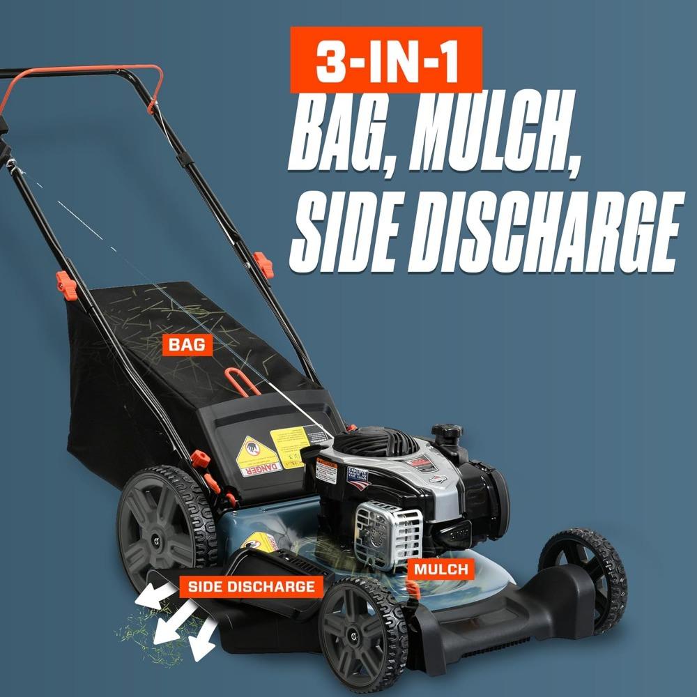 Газонокосилка LSPG-M7 с 21-дюймовым двигателем Briggs & Stratton объемом 140 куб. см, 4-тактным двигателем, функцией сбора травы в травосборник, мульчирования и боковым выбросом