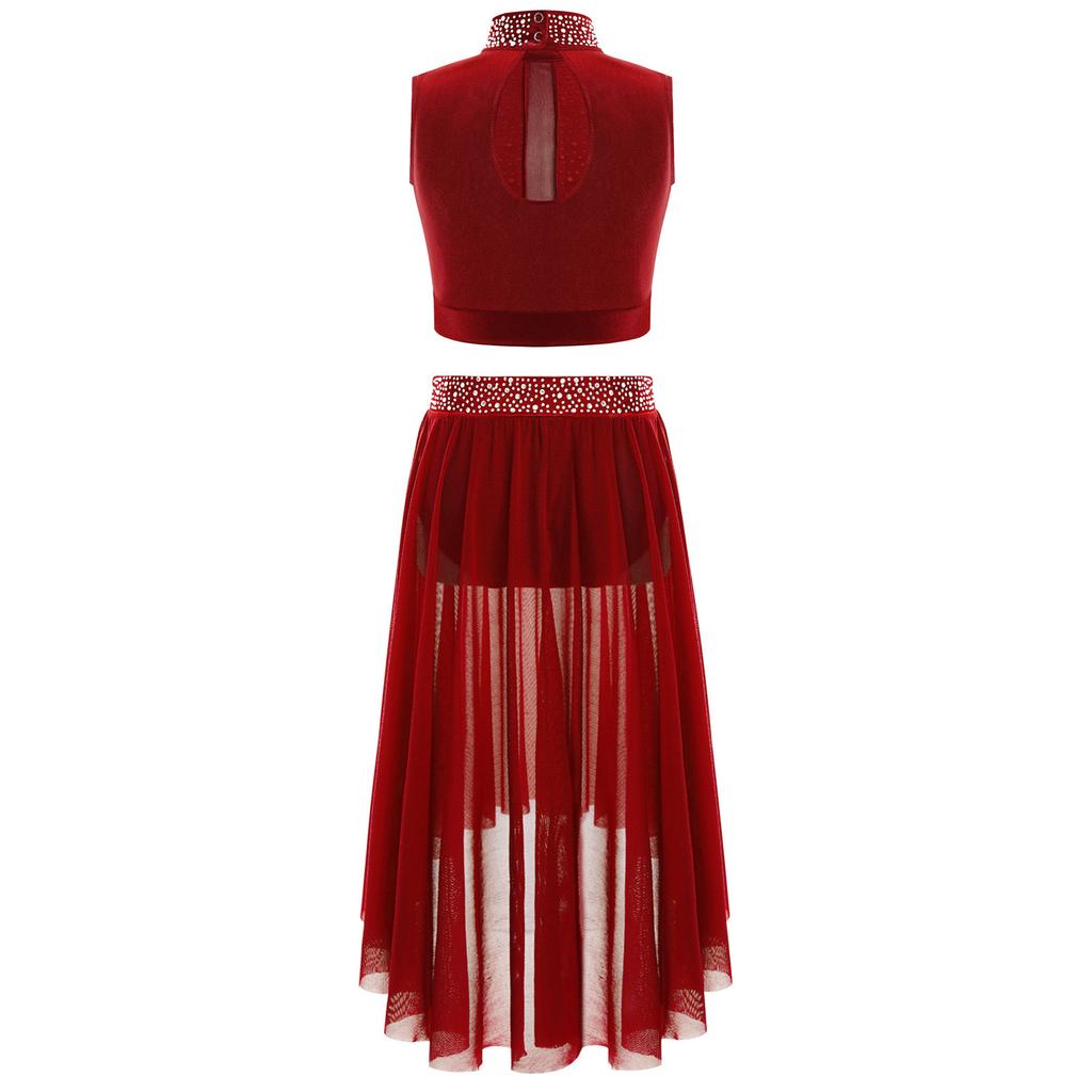 Girls Dance Outfit Sparkly Crop Top Keyhole Back Plus Irregular Hem Mesh Skirt Side Slit Performance Set