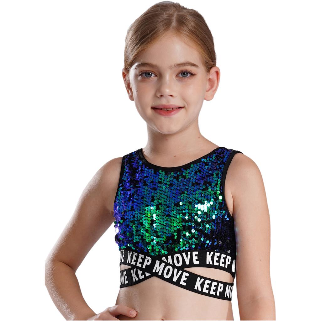 Укороченный топ с блестками для девочек, без рукавов, с круглым вырезом и перекрещивающейся талией, одежда для выступлений в стиле хип-хоп