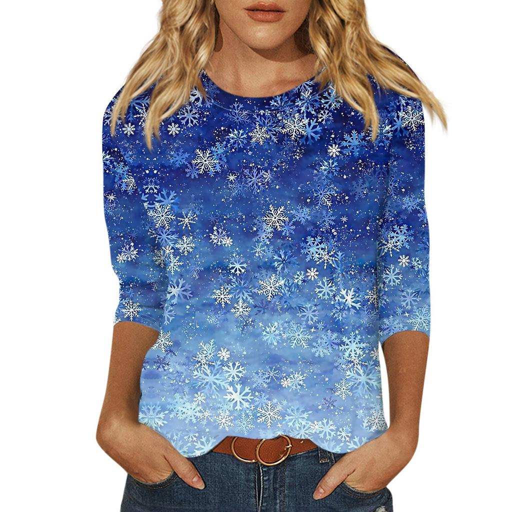 Женская мода, повседневная свободная футболка с рождественским принтом и круглым вырезом, рукав 3/4, женский топ
