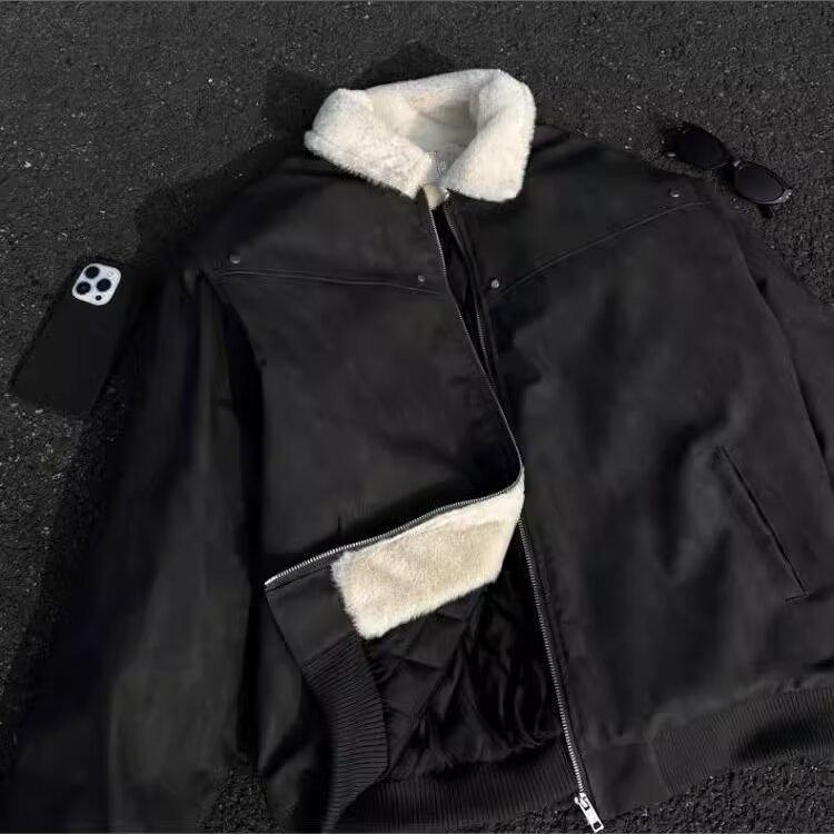 Мужской ретро-цельный пальто из шерсти ягненка тай-дай с бархатной подкладкой, отложным воротником и кожаными акцентами