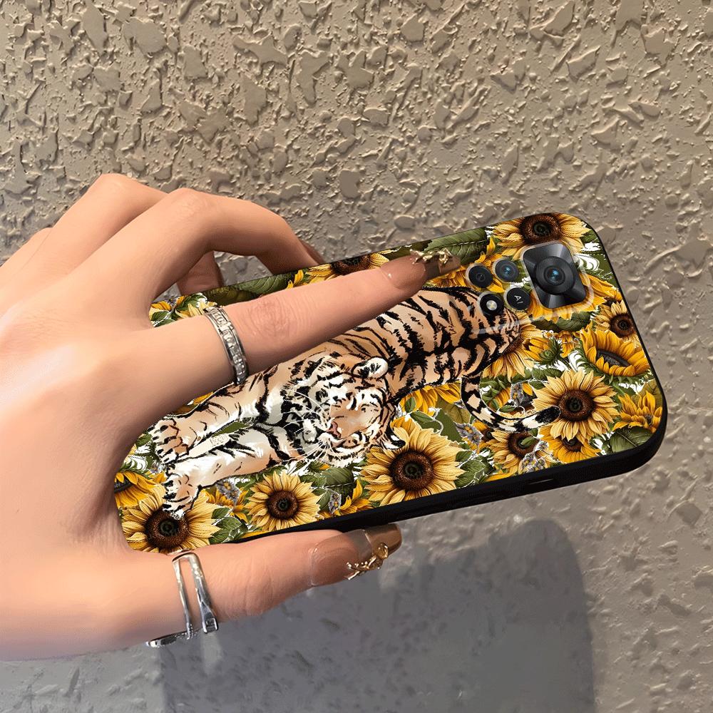 Cartoon Sunflower Tiger Case for Xiaomi Redmi Note 12s 11s 10S 9 10 11 12 Pro 7 8 9S 13 14 Pro Plus Black Soft Phone Cover