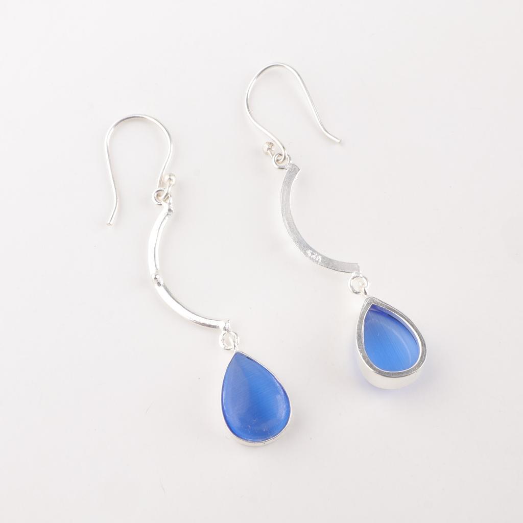 Dark Blue Cat's Eye Gemstone 925 Sterling Silver Jewelry Handmade Earrings 2.60" EE-43-42