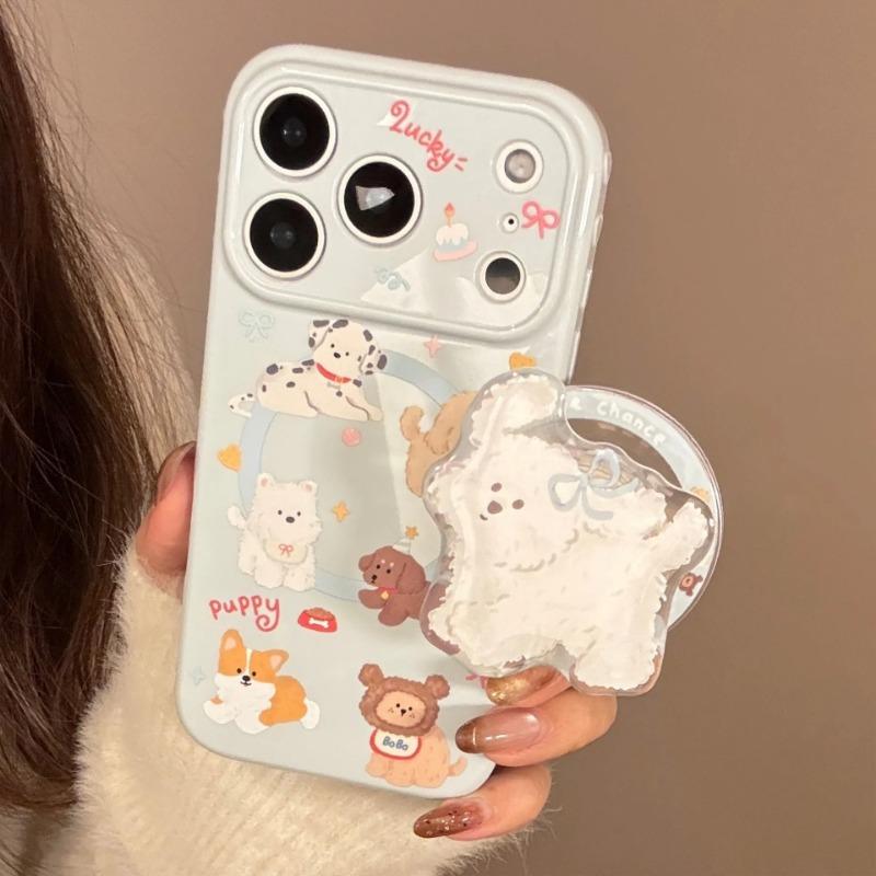 Милый Магнитный Чехол-Подставка для iPhone 17 16 15 14 13 12 Pro Max 11 3D Мультяшный Щенок Милая Собака Мягкий ТПУ Чехол-Держатель для Телефона