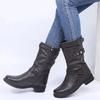 Women Buckle Mid-Calf Boots Female Low Square Heel Zipper Half Boots 2024 Woman Autumn Winter Pu Flat Shoes Black Gray Size 43