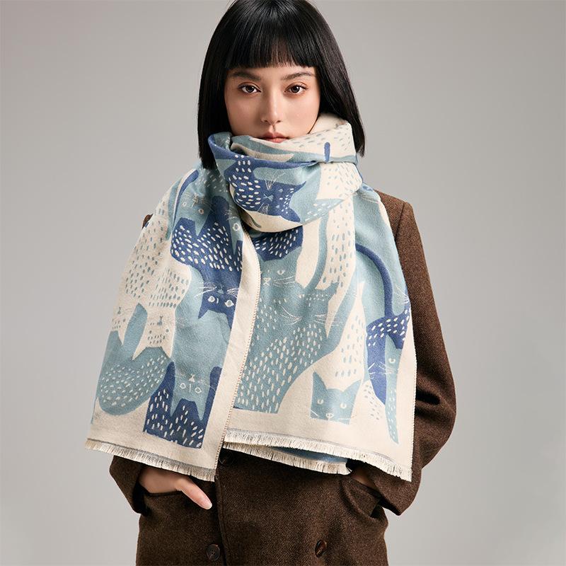 Cartoon Cat Contrasting Colors Double-Sided Imitation Cashmere Scarf Winter High-End Warm Shawl Women