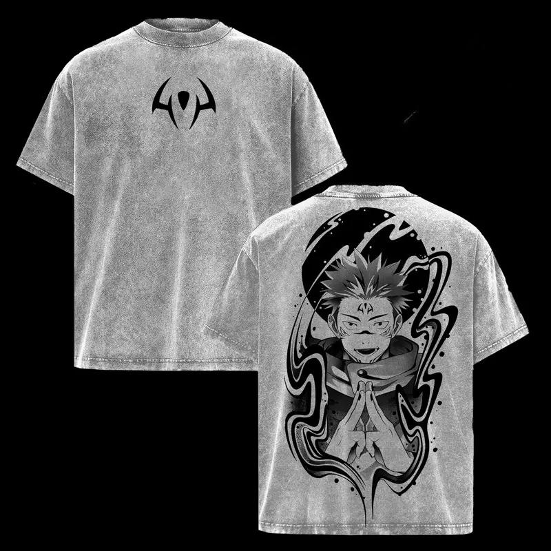 Горячее Аниме Магическая Битва Рёмэн Сукуна Одежда Мужская Женская Футболки Хлопковая Футболка с Эффектом Потертости Ретро Футболка Оверсайз Харадзюку Футболка