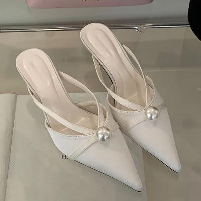 Мода Новинка 2025 Обувь Слипоны Женские Туфли на Каблуке, Лодочки, Мюли, Обувь с Острым Носком, Модные Туфли с Бусинами, Женская Обувь на Среднем Каблуке, Женские Шлепанцы