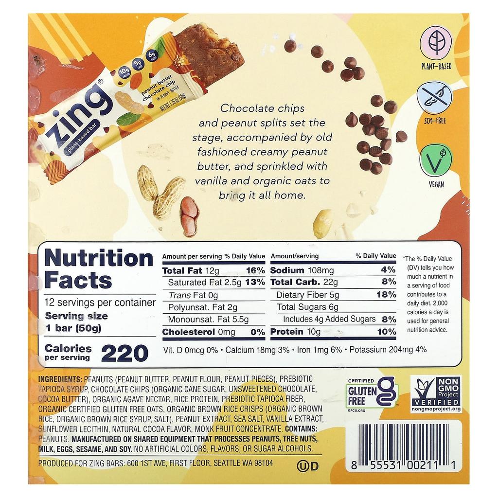 Zing Bars Vegan Bars, Peanut Butter Peanut Butter Chocolate Chip, 12 Bars, 1.76 Oz (50 G) Each