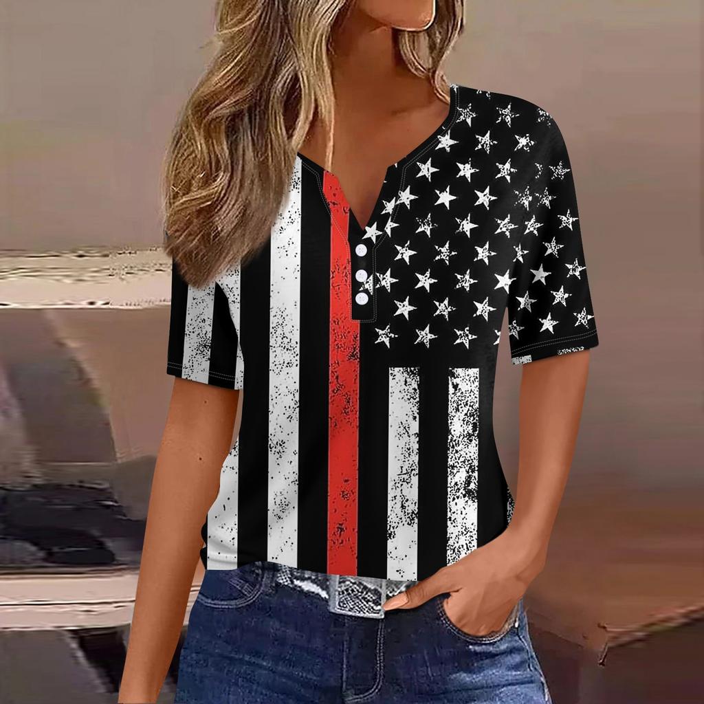Жен. Футболка Футболка День независимости С принтом Пуговицы С короткими рукавами Повседневные Выходные Мода Классический Классический V-образный вырез Обычный Топ