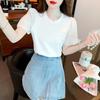 Летняя свободная однотонная белая рубашка с круглым вырезом, женская пышная блузка с коротким рукавом, женские топы, милая элегантная рубашка для женщин, модная одежда 24192