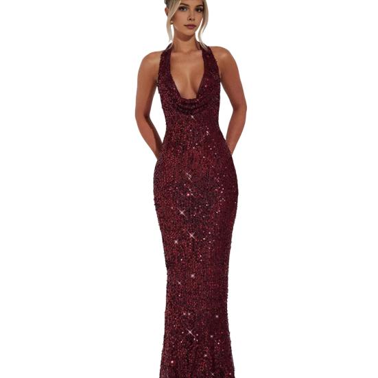 Женское прозрачное сетчатое платье макси с блестящими пайетками, просвечивающее платье халтер, длинное платье с глубоким V-образным вырезом и открытой спиной, облегающее платье, сексуальные наряды для вечеринок