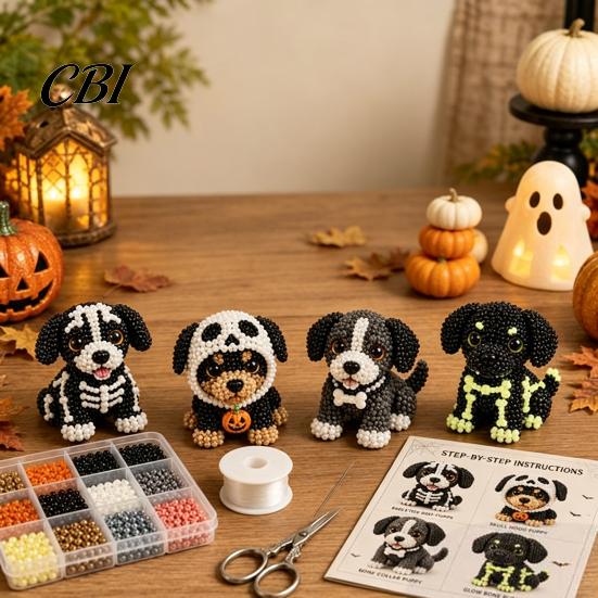 Creative Hobby Sets Halloween Dog Bead Art Set, DIY 4 Beaded Puppy Figurines, 3D Craft Supplies Kit for Adults Teens, Holiday Decoration Handmade Gift