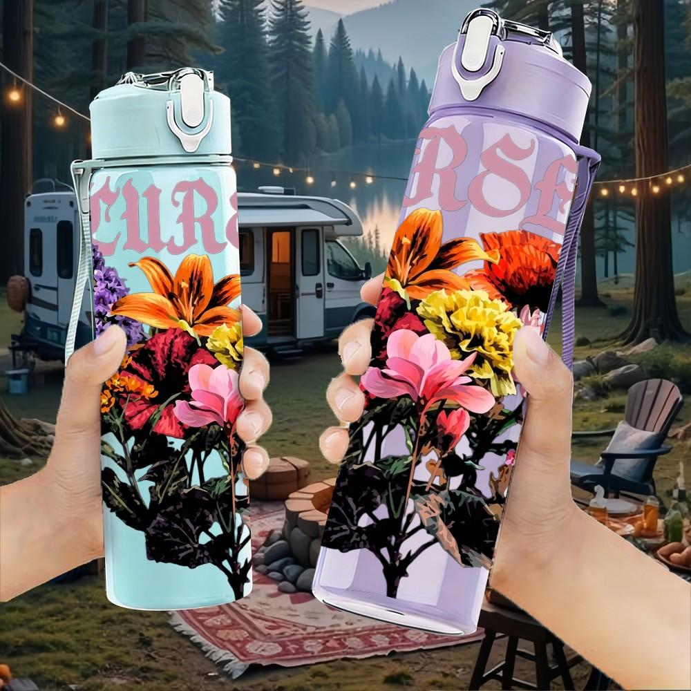 1PC Colorful Flower 750ml sports water bottle leakproof straw lid outdoor office home
