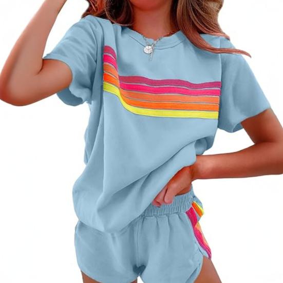 2 шт./комплект женский комплект футболка с коротким рукавом и круглым вырезом эластичный пояс широкие шорты комплект